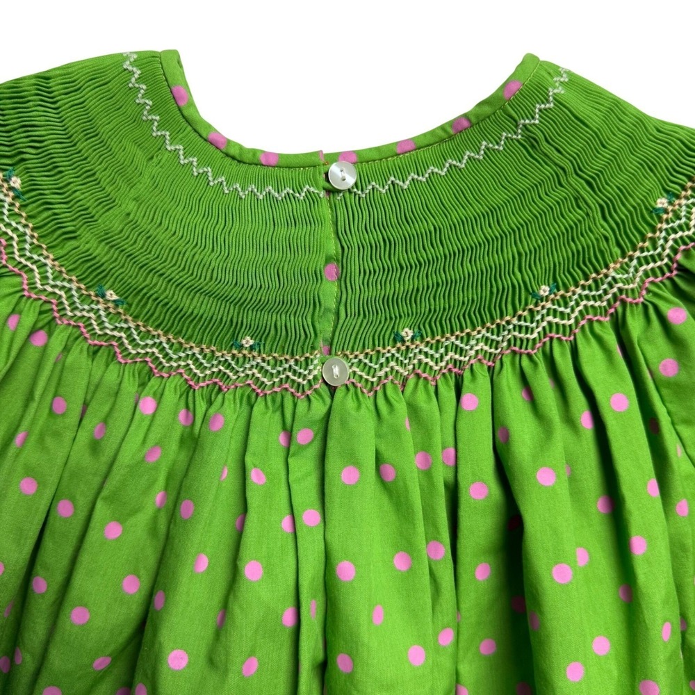 Rosalina Collection Kids Green Pink Polka Dot Smocked Cow Dress 6Y Easter Church - Picture 6 of 6